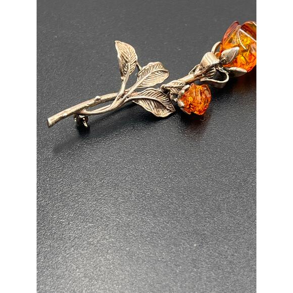 Baltic Cognac Amber Double Rose Brooch 925 Sterling Silver Hand Carved Signed - Picture 6 of 12